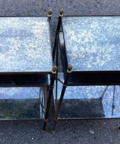 1950/70′ Paire d’Étagères en Laiton à 3 Niveaux Miroirs Oxydés Vieillis Maison Baguès à Croisillons avec Pâquerettes