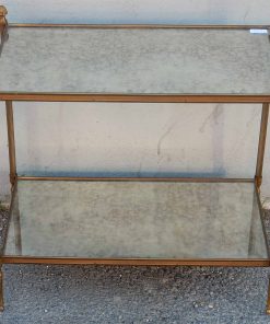 1950/70′ Bout De Canapé Rectangulaire Maison Baguès Laiton et Bronze Plateaux Miroir Oxydé Vieilli et Fleur 64 X 36 cm