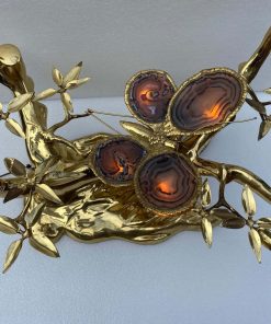 1970’ Table Basse Eclairante Au Bonzai Sur Dune De Sable En bronze doré Isabelle Faure Ou Duval Brasseur Avec Papillon Ailes En Agate