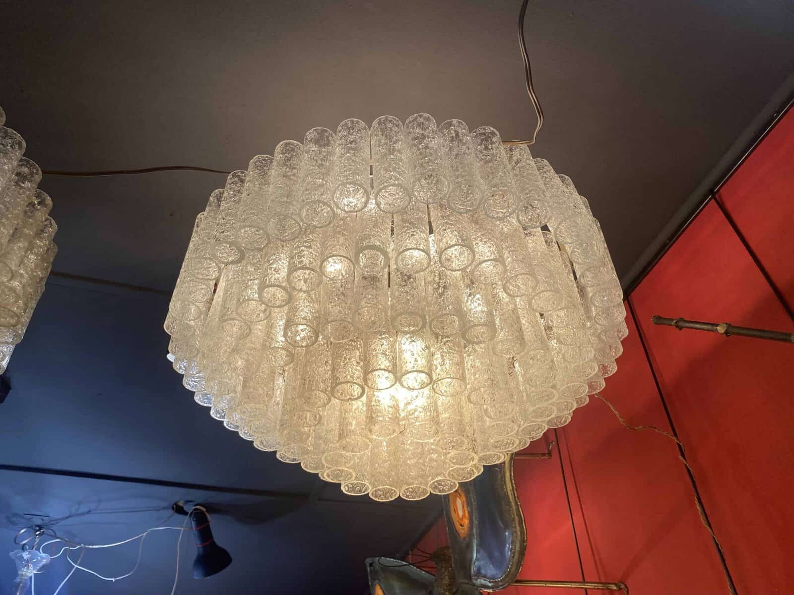 1970′ Lustre Doria 5 Niveaux 142 Cristaux En Verre Soufflé Design Venini Murano