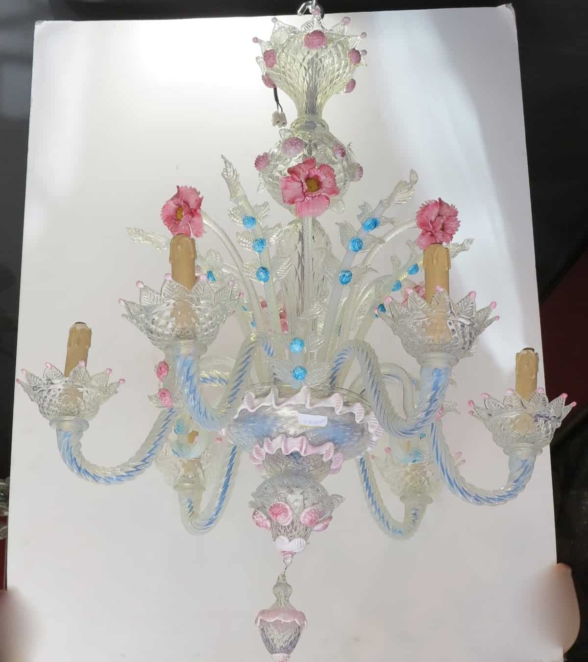 1950′ Lustre Murano à 6 Lumières en Verre Bleu Opalescent et Pâte de Verre Rose