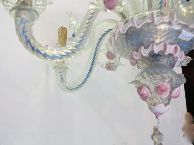 1950′ Lustre Murano à 6 Lumières en Verre Bleu Opalescent et Pâte de Verre Rose - Image 5