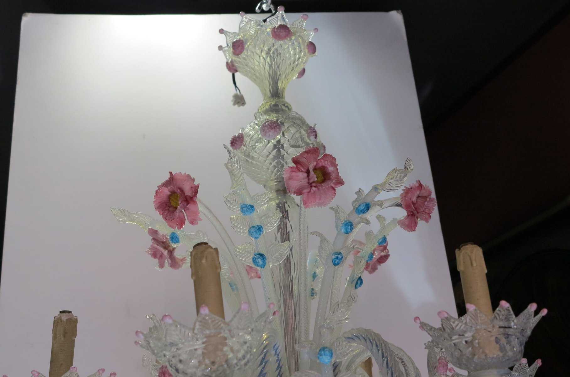 1950′ Lustre Murano à 6 Lumières en Verre Bleu Opalescent et Pâte de Verre Rose - Image 7