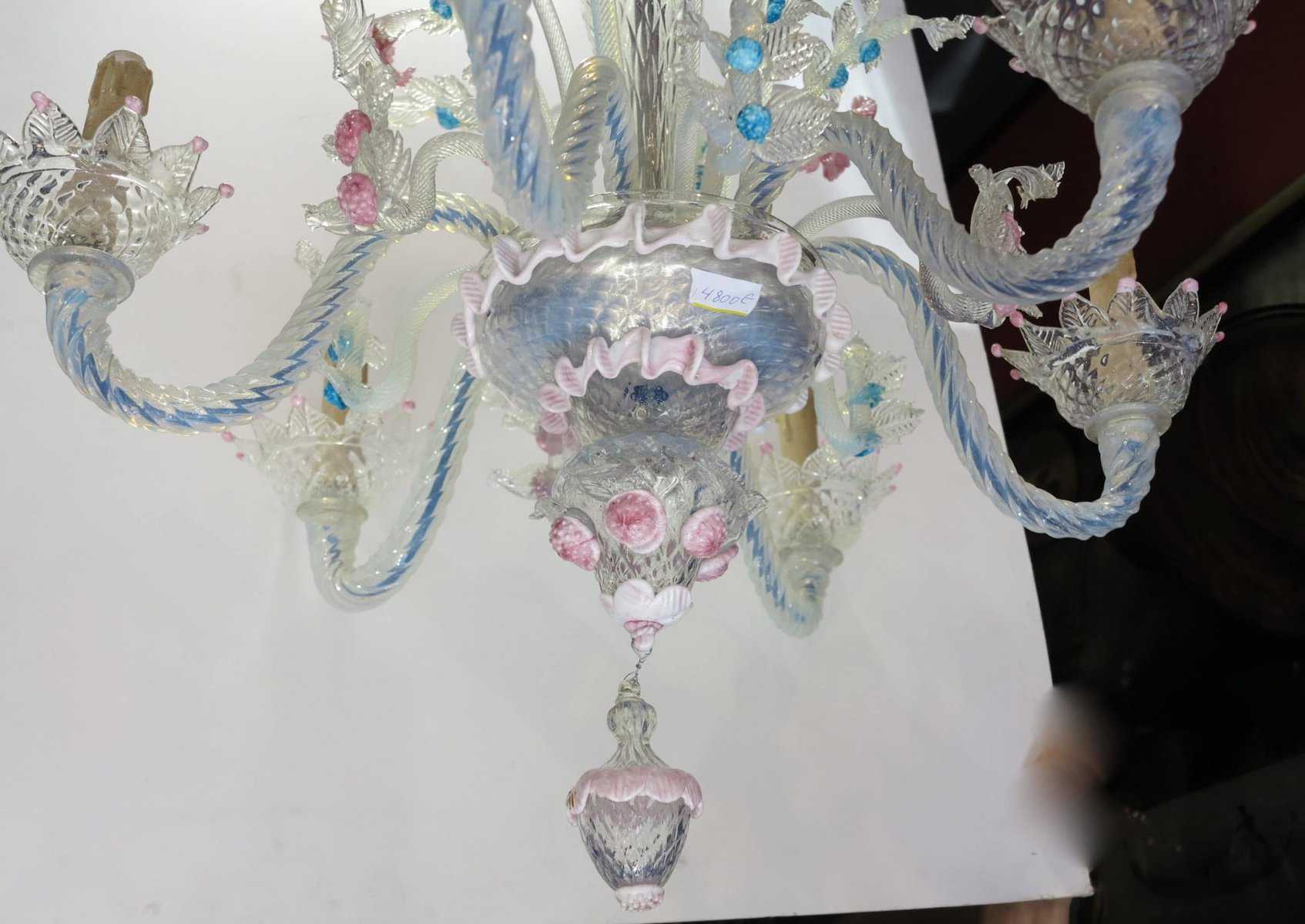 1950′ Lustre Murano à 6 Lumières en Verre Bleu Opalescent et Pâte de Verre Rose - Image 8