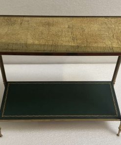 1950/70′ Bout De Canapé Rectangulaire Maison Bagués Laiton et Bronze Plateaux Feuilles d or Fixées Sous Verre et Avec Flammes Olympiques