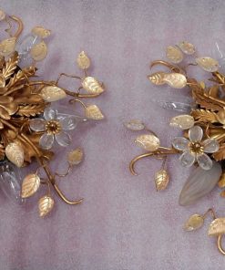 1970′ Paire De Plafonniers ou Appliques à Décor de Feuilles en Métal Et Verre Maison Baguès Ou Banci